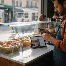 Cafe owner updates social media on phone