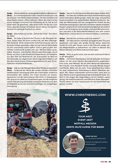 Chris The Doc · International Emergency Tour Doctor · Tour-Arzt · Erste-Hilfe-Trainings speziell für Motorradfahrer · Dr. med. Christopher Andratschke · München · Motorradlust Pur · Mongolei GS Trophy