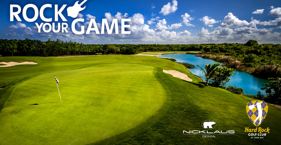 Dramatic par-3 hole at Hard Rock Golf Course with sand quarry and tropical landscape