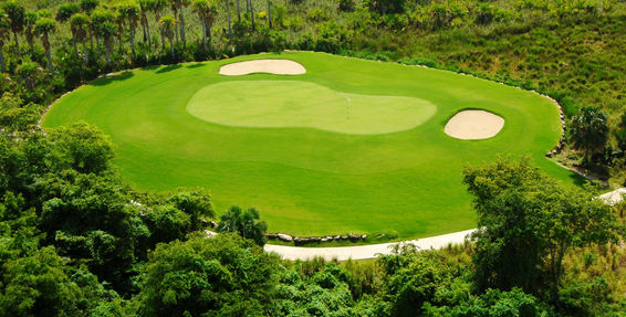 Tropical golf course fairways surrounded by lush vegetation at Punta Blanca in Punta Cana
