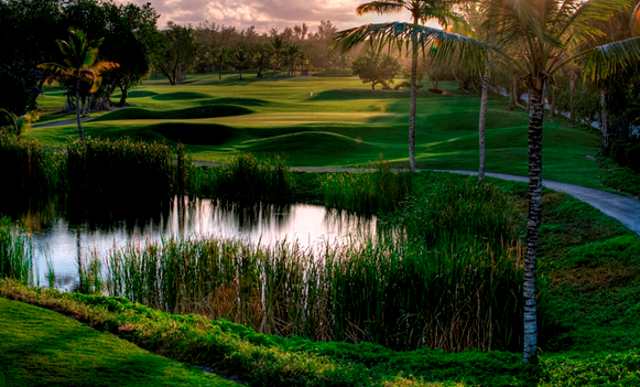 Narrow fairways and reflective water features at The Lakes at Barcelo Golf Course