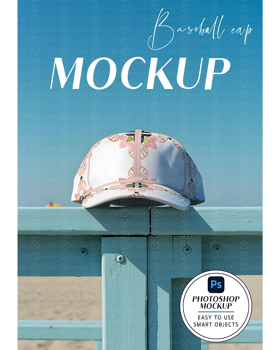 Patterned baseball cap on light blue railing at the beach with Baseball cap mockup text and Photoshop badge.