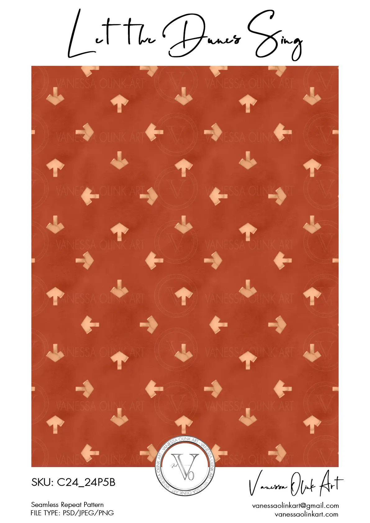 Motif aquarelle répétitif avec des flèches peintes à la main dans des tons terracotta et sable de la collection Let the Dunes Sing, sur un fond texturé dans un style moderne.
