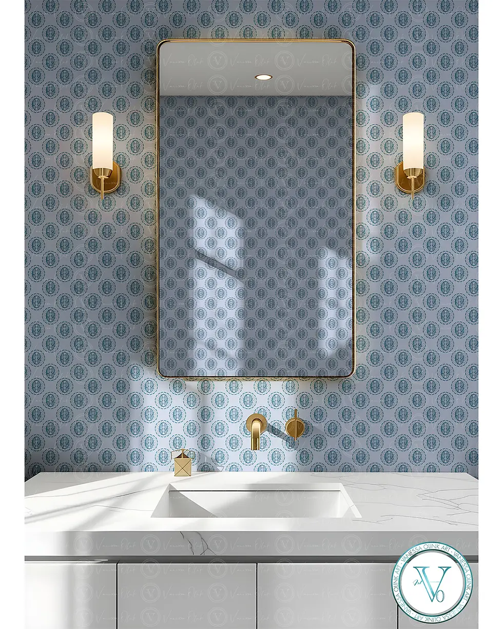Thumbnail: Bathroom vanity with white sink cabinet, gold mirror, wall sconces, blue patterned wallpaper, Vanessa Olink Art logo.