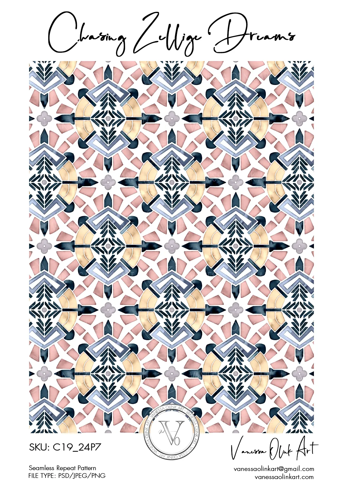Motif mosaïque réalisé avec des encres aquarelle, comportant des formes de tuiles géométriques en bleu marine, rose poudré et or, formant des compositions symétriques en losange sur un fond blanc.

