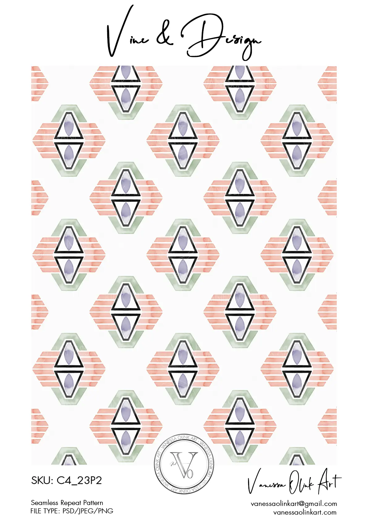 Motif aquarelle continu présentant des formes symétriques inspirées du design mod des années 1960 en tons pêche, vert et lavande, réparties de manière uniforme sur un fond blanc.
