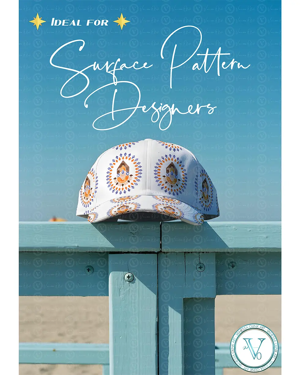 Thumbnail: White baseball cap with geometric pattern on blue railing at the beach, Surface Designers text, Vanessa Olink Art logo.