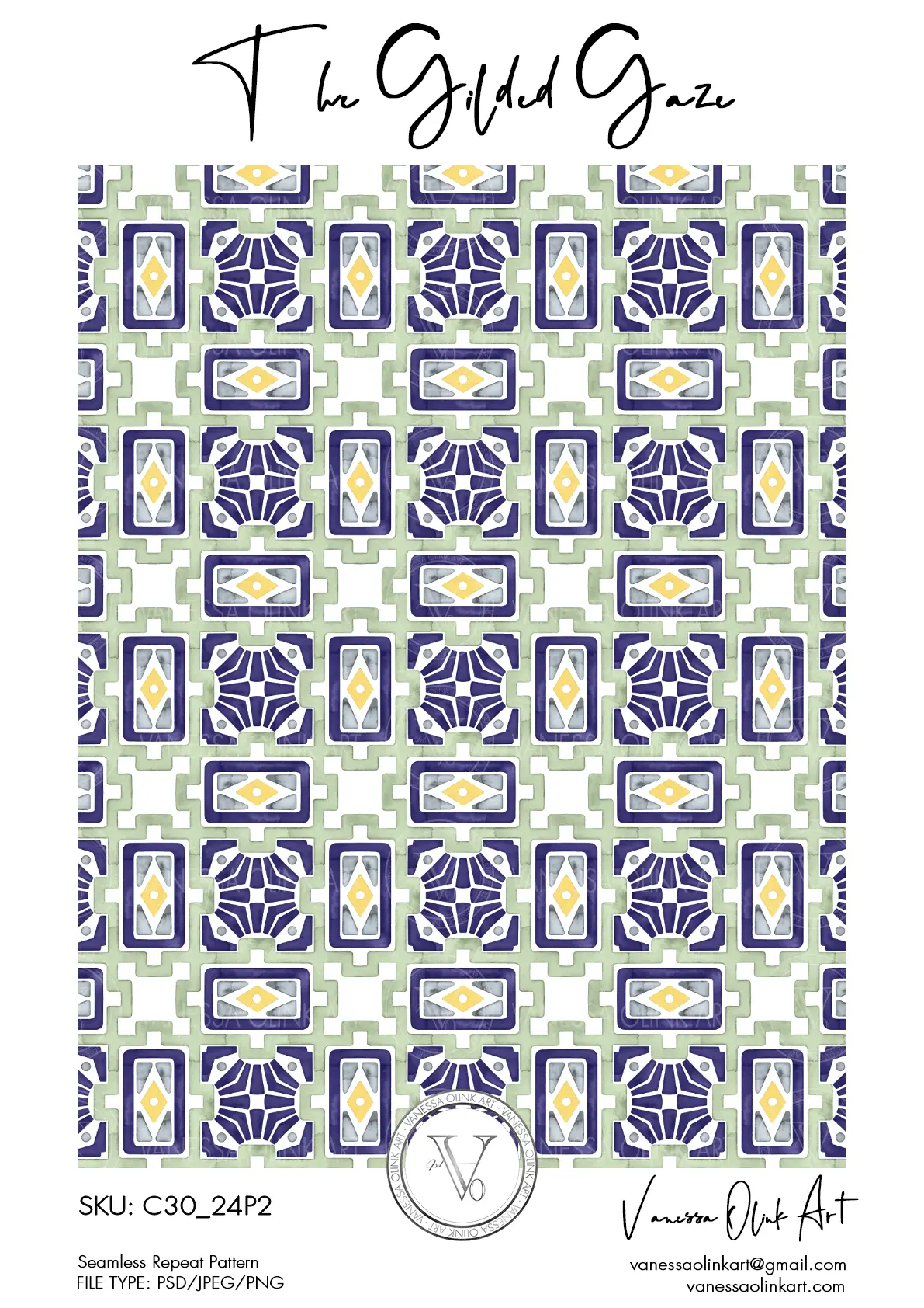 Motif mosaïque peint à la main avec des encres aquarelle en tons bleu marine, or et vert sauge de la collection Gilded Gaze, présentant des formes géométriques imbriquées dans une mise en page Art déco élégante.
