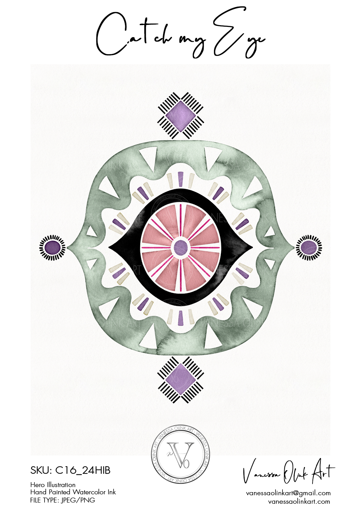 Illustration réalisée avec des encres aquarelle représentant une forme abstraite en œil avec des détails géométriques symétriques et ornementés en tons mauve, vert sauge, noir et lavande sur un fond blanc.
