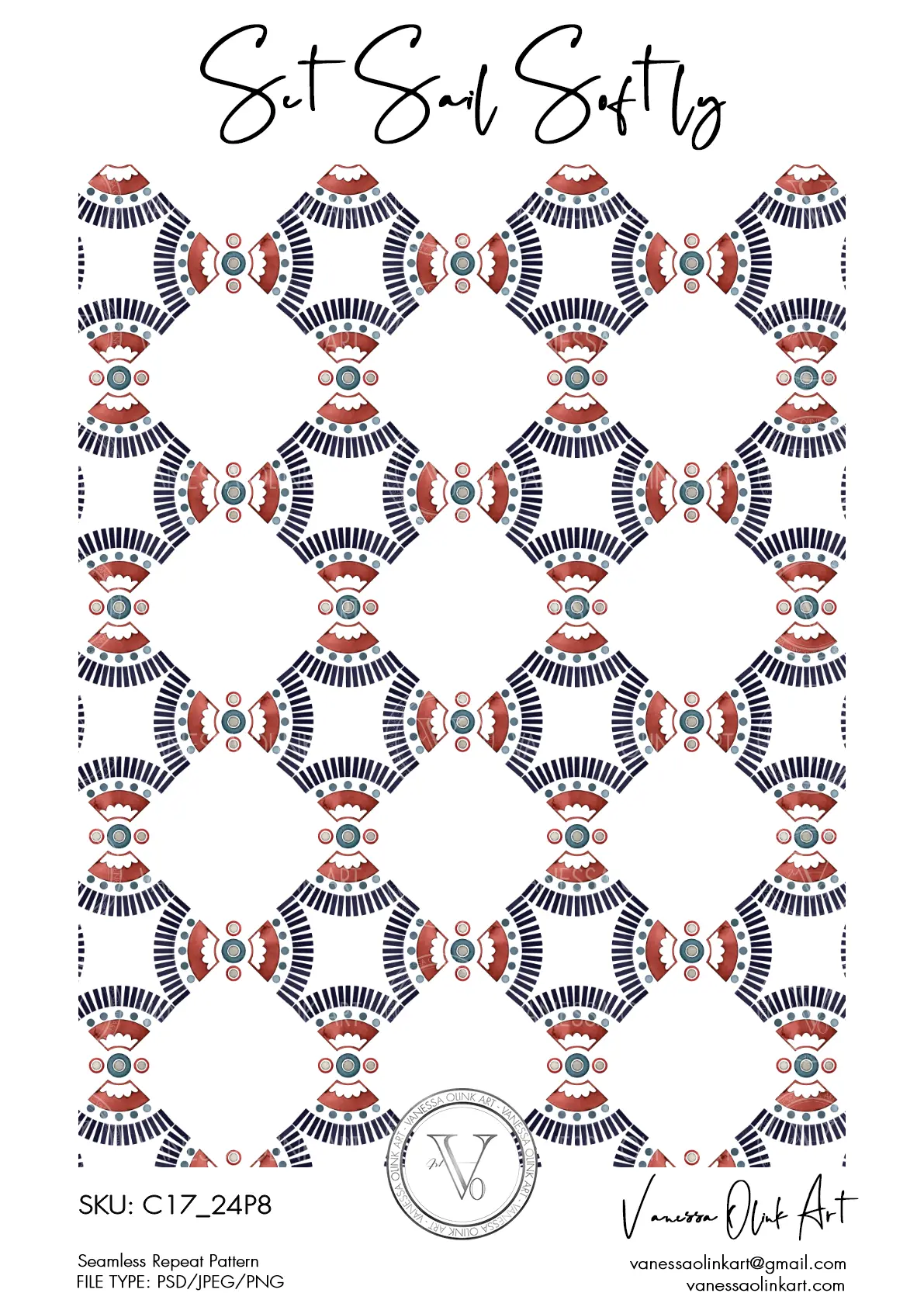 Motif aquarelle peint à la main présentant des losanges imbriqués en bleu marine, rouille, turquoise et rose, dans une composition géométrique équilibrée au style nautique.
