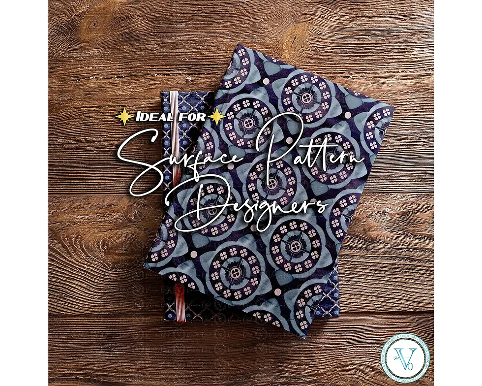 Miniature : Notebook mockup, navy and pink circular medallion pattern notebooks, wood surface, overlay text, Vanessa Olink Art logo