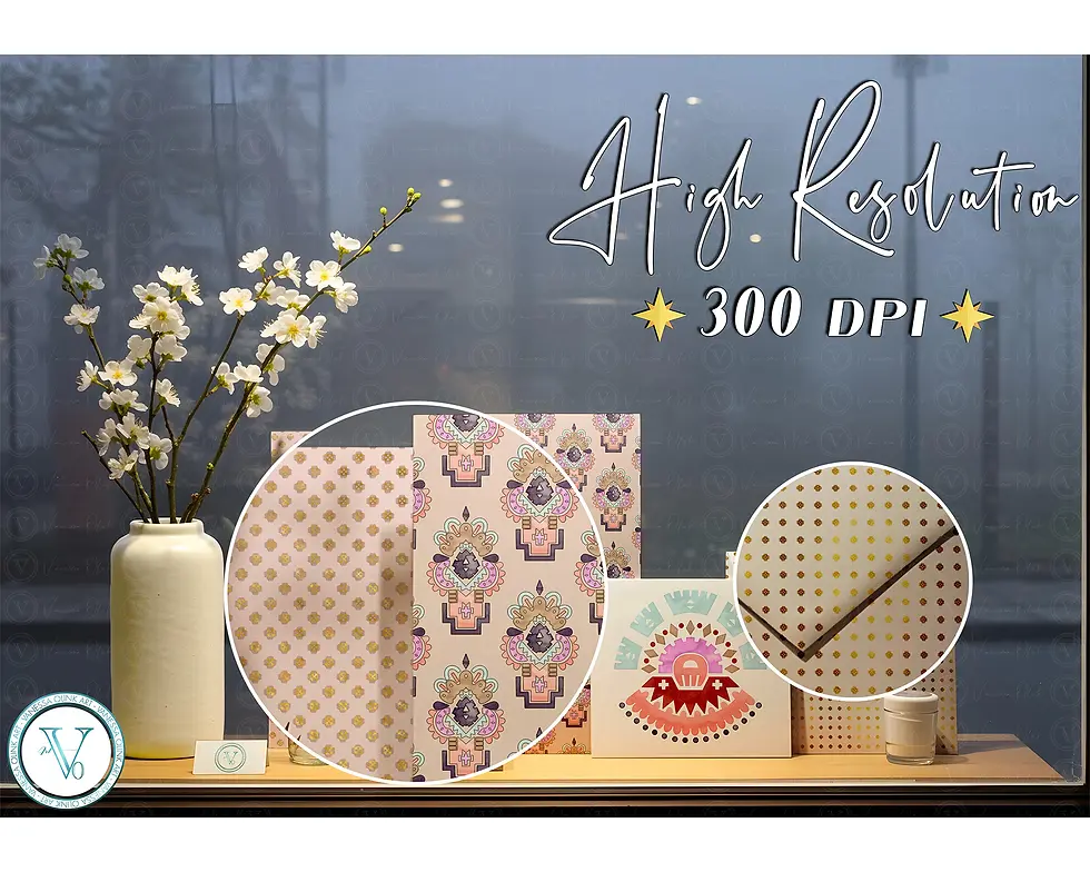 Thumbnail: Stationery mockup, peach, gold, blue geometric print cards envelopes, circle close up details,Vanessa Olink Art logo