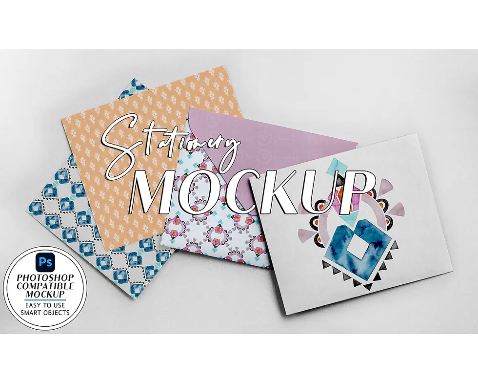 Mockup layout overview cards envelopes multicolor geometric patterns light background Photoshop compatible badge