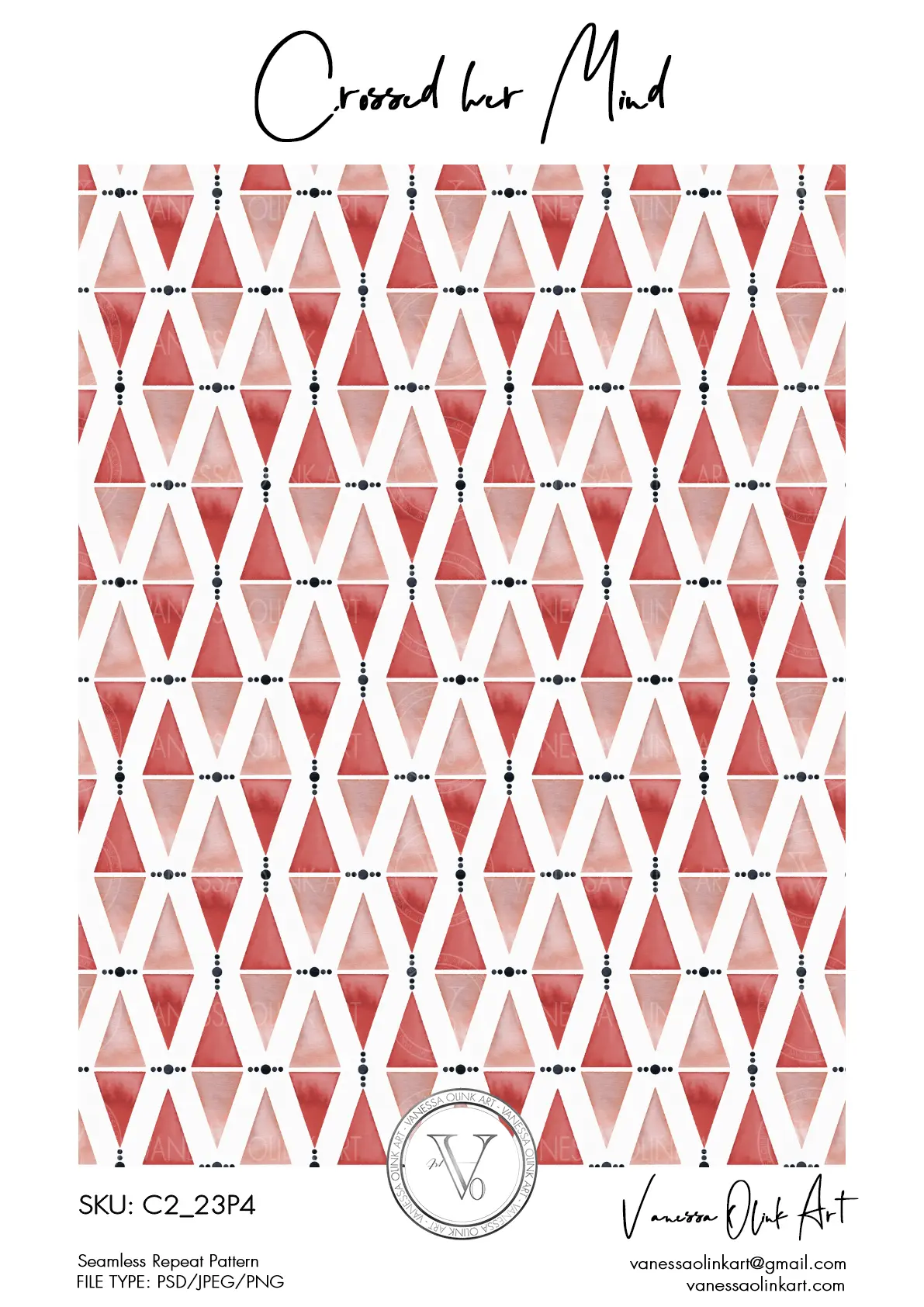 Motif aquarelle avec des losanges terracotta et rose poudré dans une composition en treillis géométrique, rehaussé de lignes pointillées noires sur un fond blanc.
