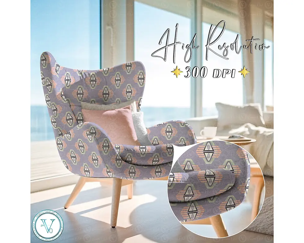 Miniature : Armchair mockup geometric gray peach pattern blush pillow zoom detail inset bright window Vanessa Olink Art logo