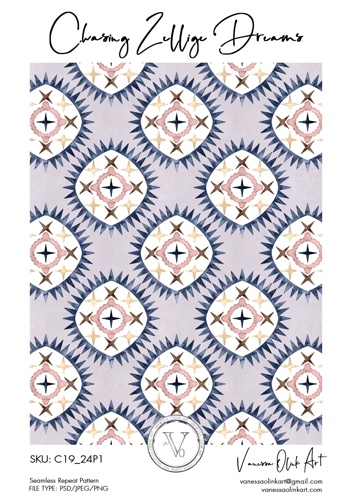 Motif de losanges peint à l’aquarelle avec des pointes bleu marine, des détails rose poudré et beige, et des accents en forme d’étoile sur un fond lavande doux.
