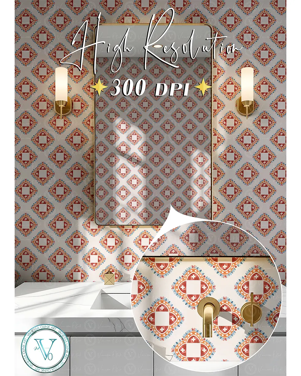 Thumbnail: Bathroom vanity with red and cream wallpaper, High Resolution 300 DPI text, wallpaper zoom detail, Vanessa Olink Art logo.