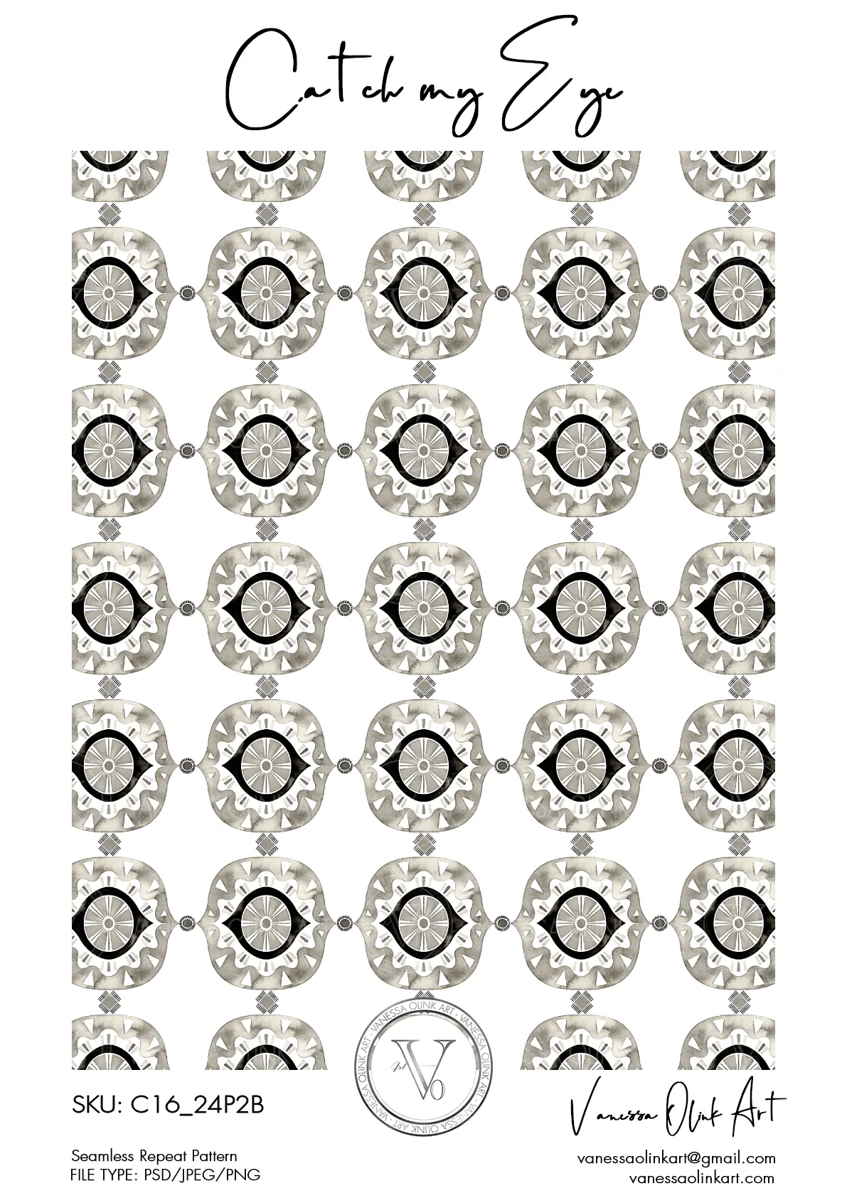 Un motif en quatre-feuilles composé de formes répétées avec des détails centraux en forme d’œil, alignées en rangées nettes dans des nuances de noir, gris et blanc sur un fond blanc.
