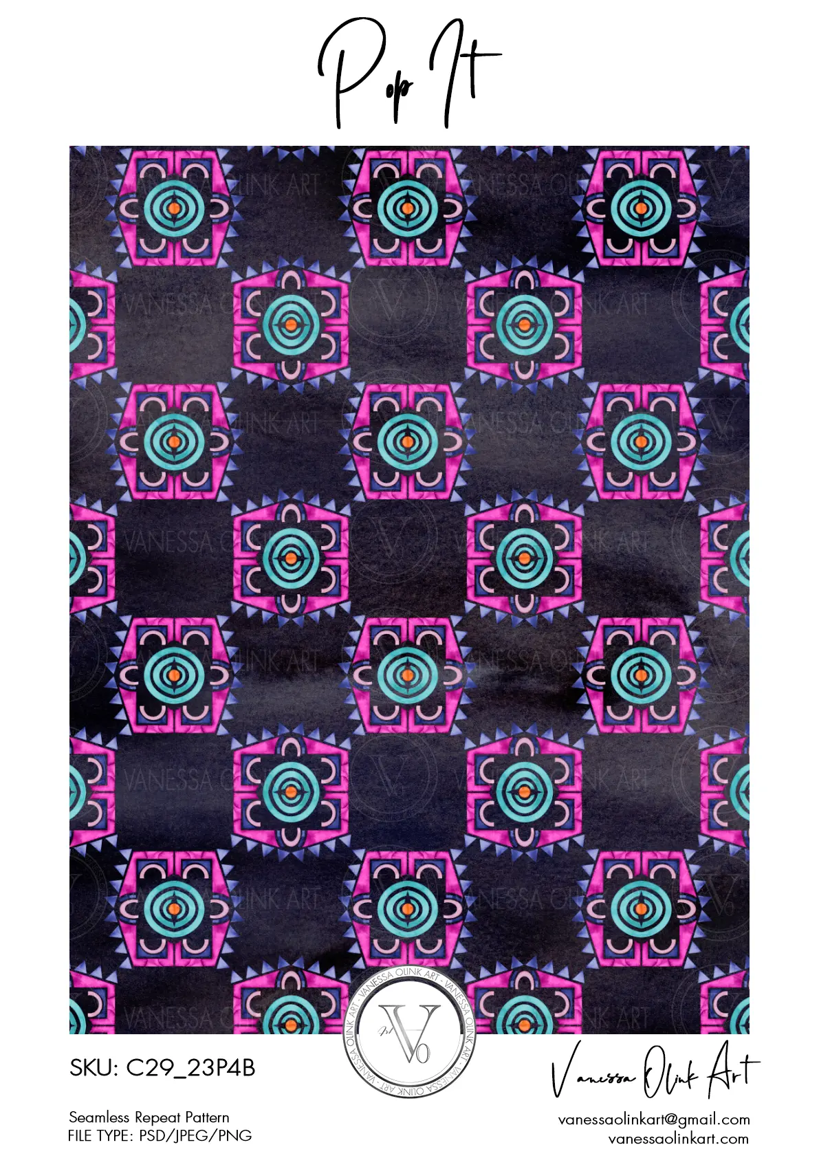 Un motif en mosaïque composé de cadres carrés à pointes avec des centres circulaires en fuchsia, turquoise, bleu et orange sur un fond noir.
