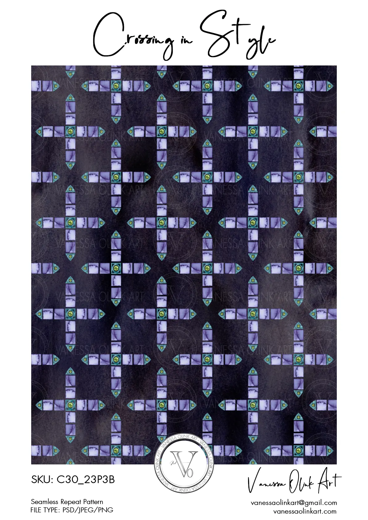 Motif à répétition composé de croix peintes à l’aquarelle en violet, bleu et turquoise, répétées de manière uniforme sur un fond indigo foncé texturé.
