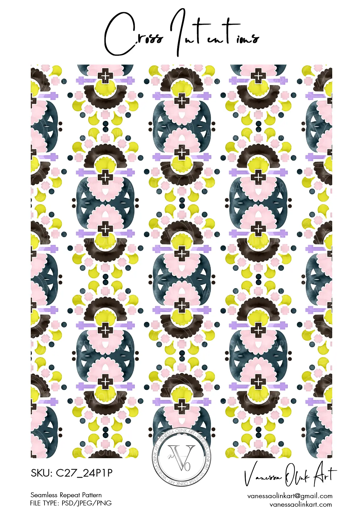Motif symétrique en tons rose, jaune et turquoise, composé de formes circulaires et en croix, disposé en treillis vertical sur fond blanc.
