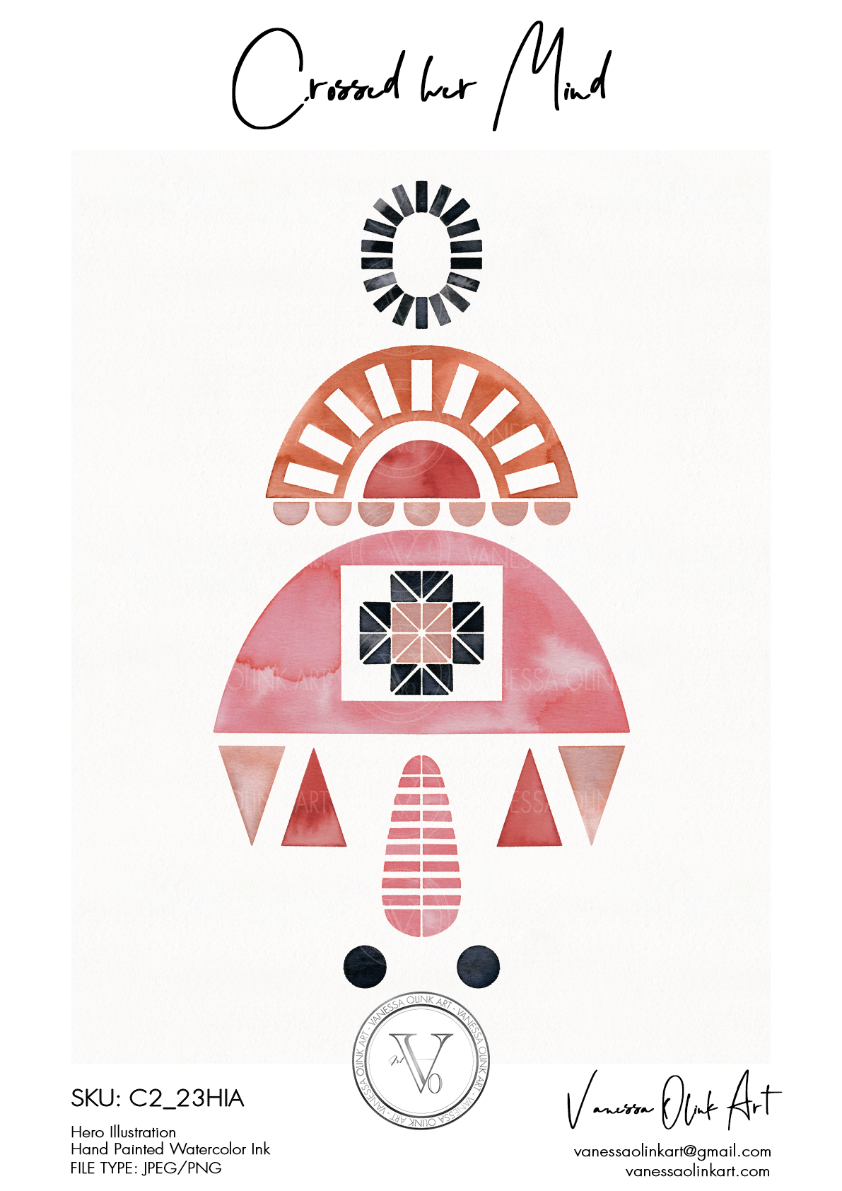 Illustration réalisée avec des encres aquarelle représentant une composition géométrique symétrique avec une croix centrale entourée d’arcs, de triangles et de formes circulaires en tons terracotta, rose poudré et noir sur un fond blanc, avec une esthétique sud-ouest américain.
