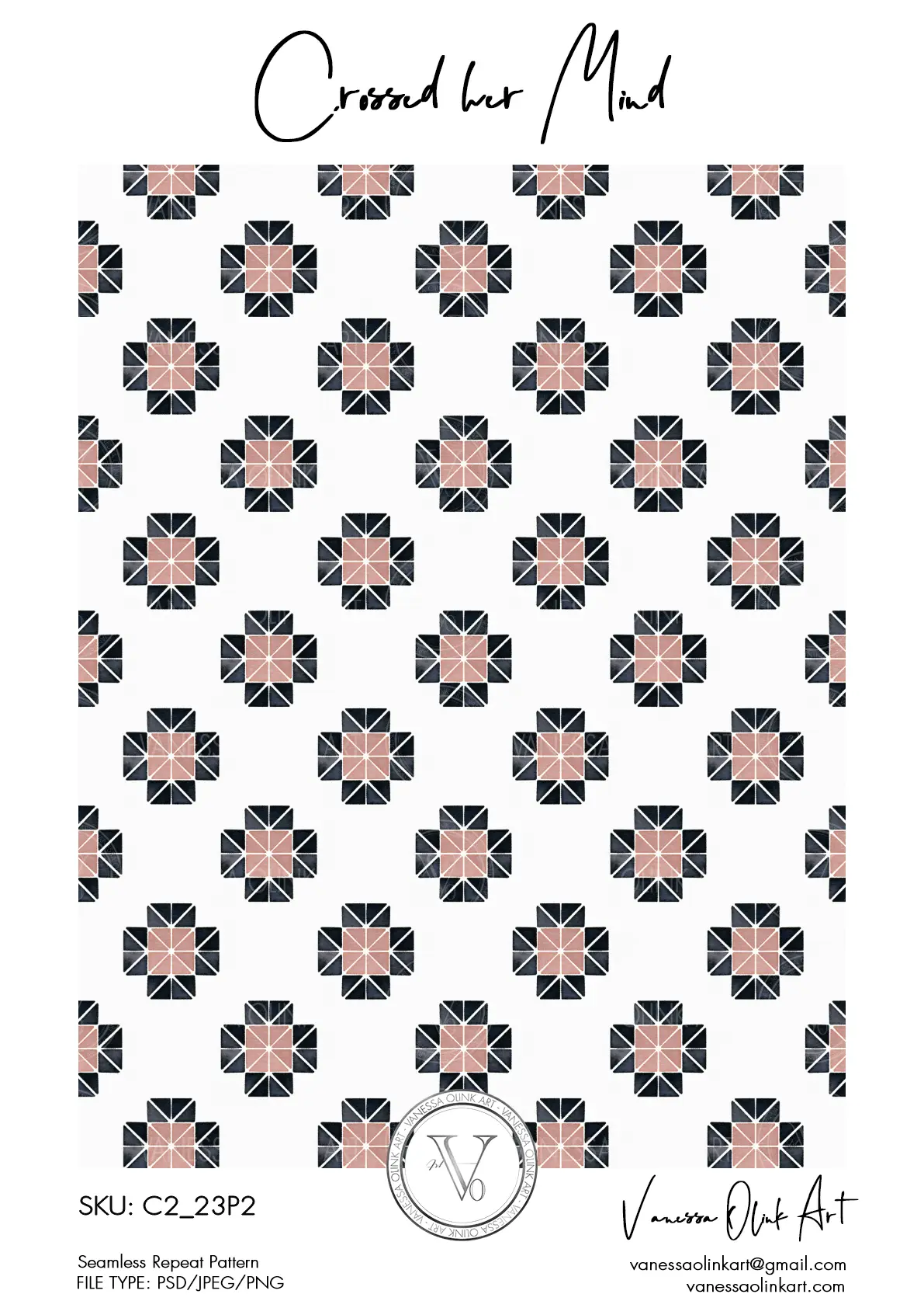 Un motif à répétition composé de croix peintes à l’aquarelle, régulièrement espacées, avec des centres rose doux et des sections extérieures angulaires noires sur un fond blanc.
