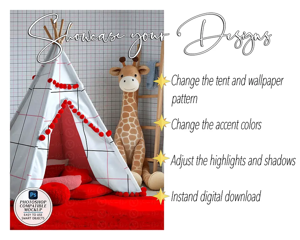 Miniature : Kids room mockup with teepee tent, red rug, grid wallpaper, giraffe plush, overlay text