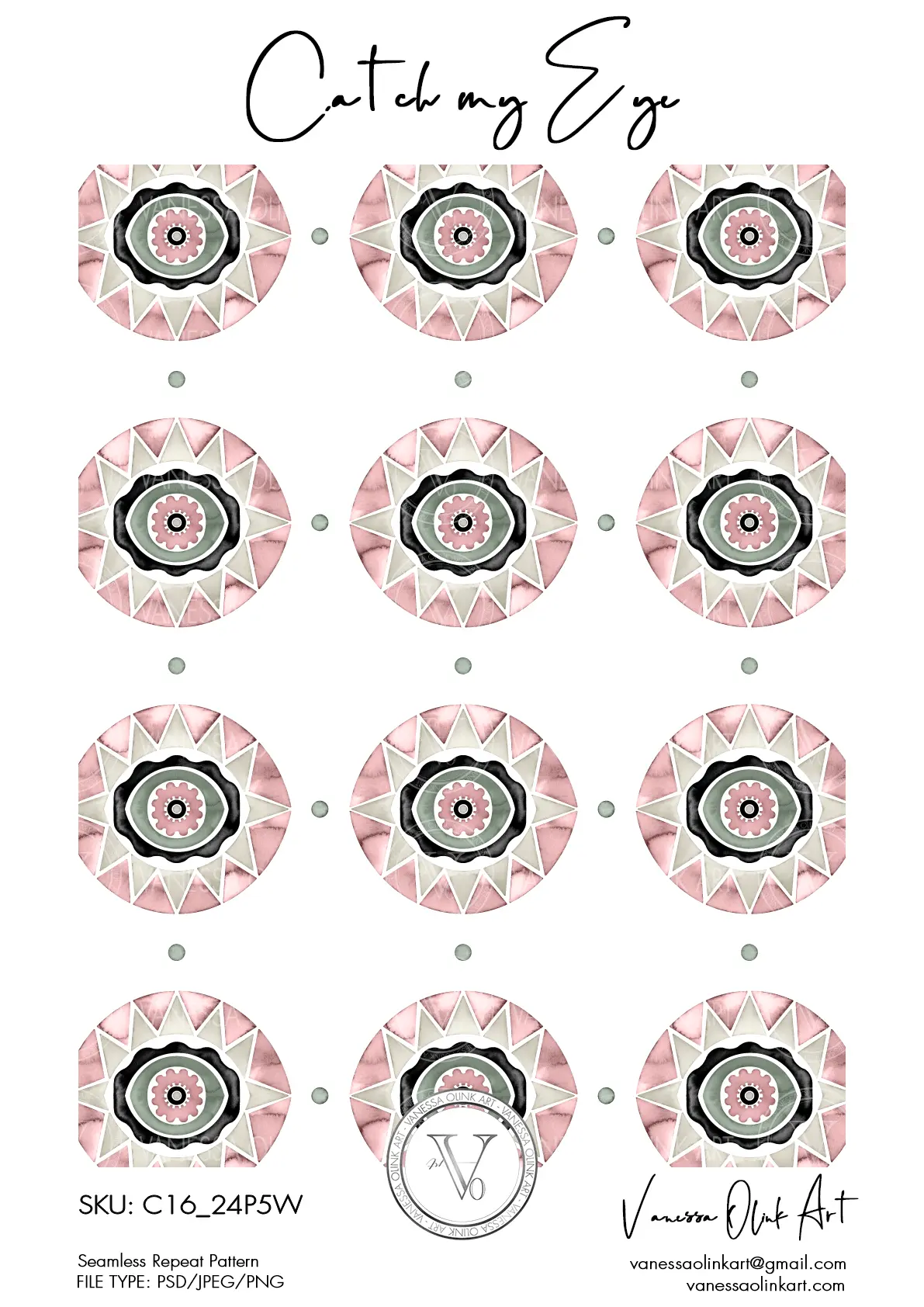 Motifs géométriques en forme d’œil en rose, gris et noir, répétés dans une grille régulière sur un fond blanc.
