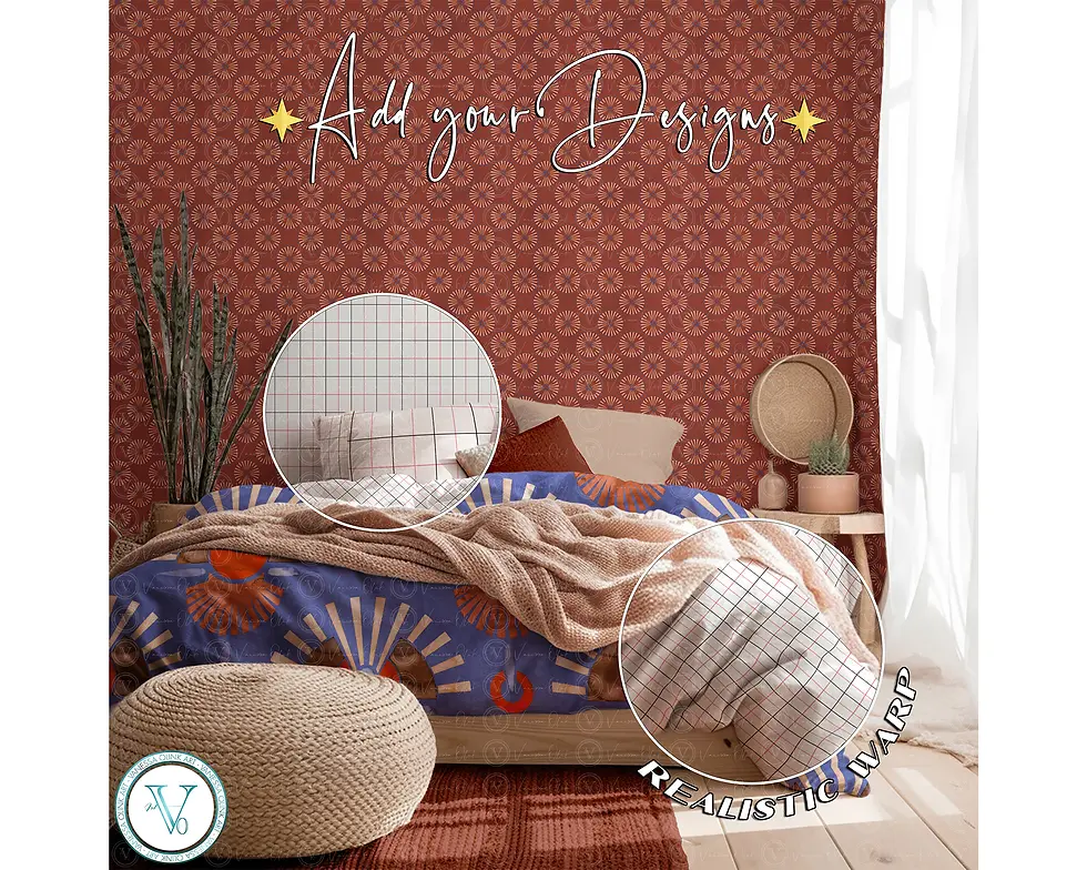 Thumbnail: Bedroom mockup with patterned wallpaper and bed, circular grid zoom details, Vanessa Olink Art logo