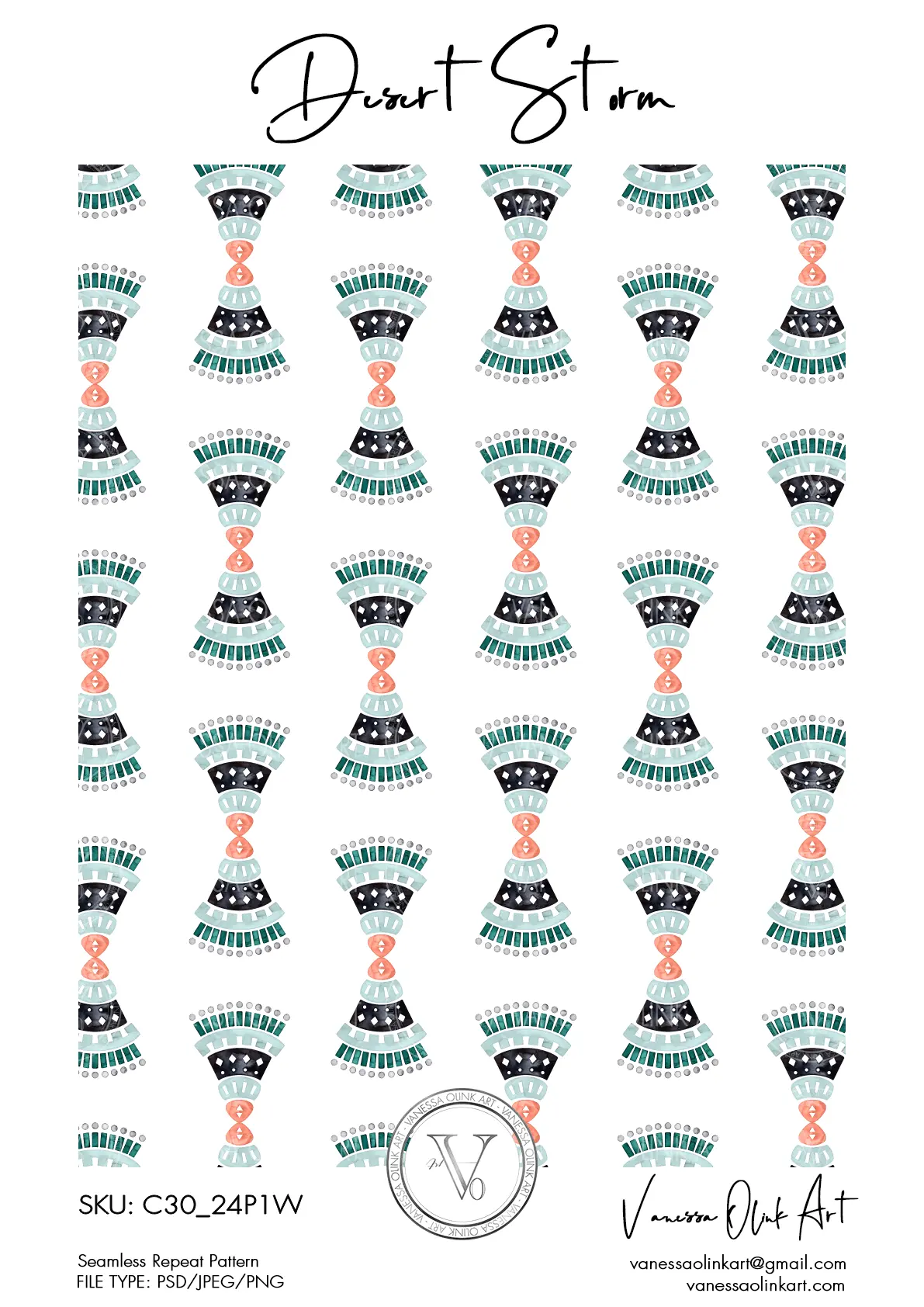 Motif avec des formes en éventail en turquoise, noir, corail et bleu clair de la collection Desert Storm, sur un fond pâle dans un style moderne.
