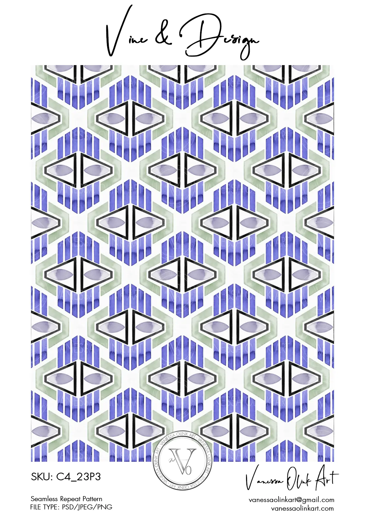 Motif aquarelle présentant des formes symétriques inspirées du style mod en tons bleu, vert et gris, réparties de manière uniforme sur un fond blanc.
