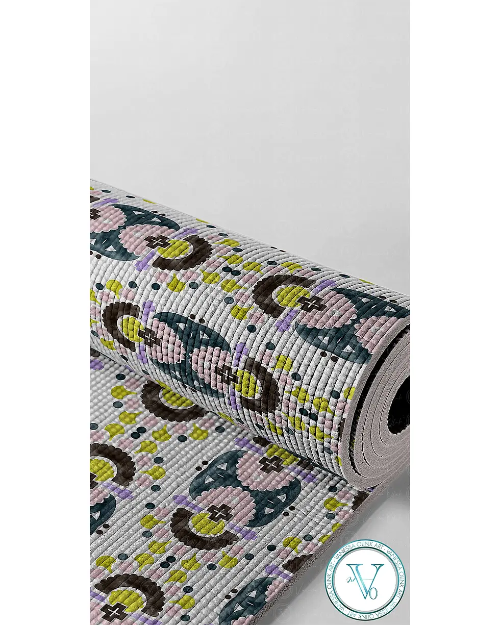 Miniature : Rolled yoga mat mockup, textured surface, pastel geometric pattern with abstract motifs, Vanessa Olink Art logo.