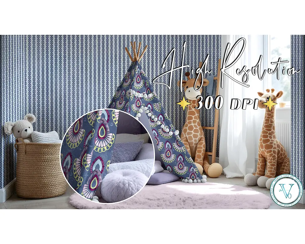 Miniature : Kids room mockup, blue base teepee with lavender magenta yellow light pink pattern, blue white wallpaper, zoom detail