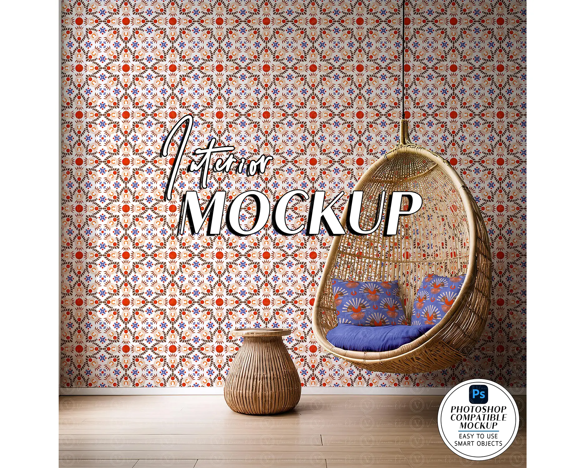 Interior mockup, hanging wicker pod, blue pillows, red blue white folk wallpaper, Vanessa Olink Art logo