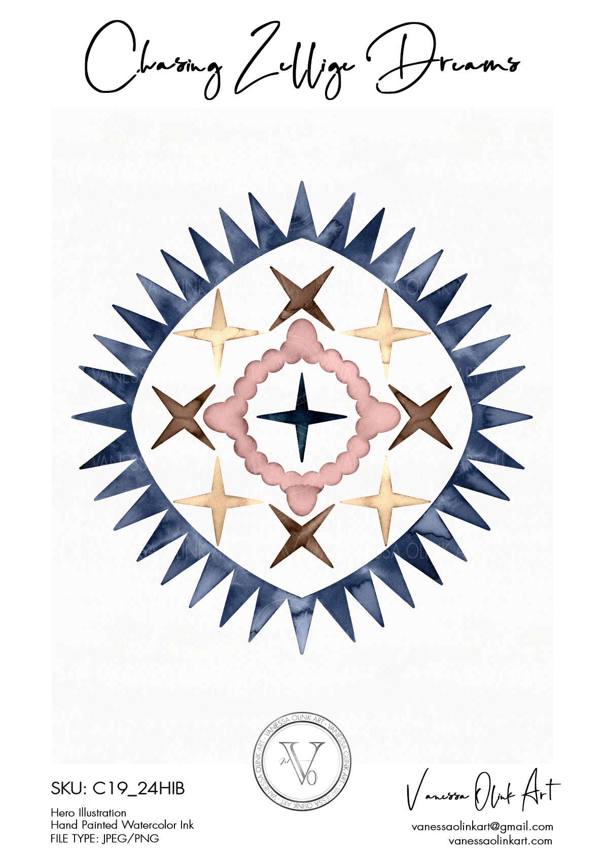 Illustration réalisée avec des encres aquarelle représentant une composition symétrique ornée, inspirée d’une étoile, avec des formes géométriques superposées en tons bleu marine, or, brun et mauve sur un fond blanc.
