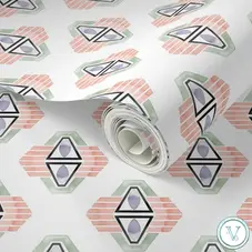 Rolled wallpaper with a geometric pattern in peach, sage green, lavender and black on white.