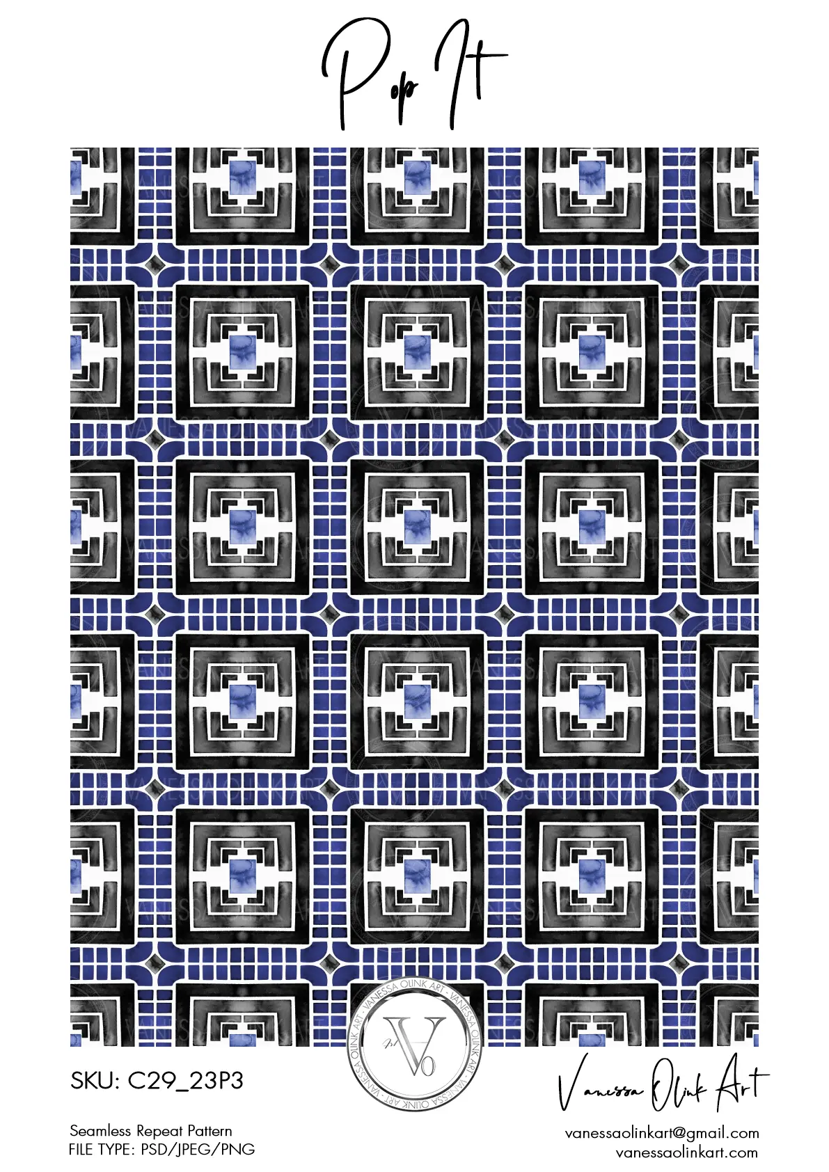 Motif mosaïque répétitif composé de carrés concentriques noirs et blancs avec des centres bleus, organisés en grille précise avec des éléments de liaison bleu foncé.
