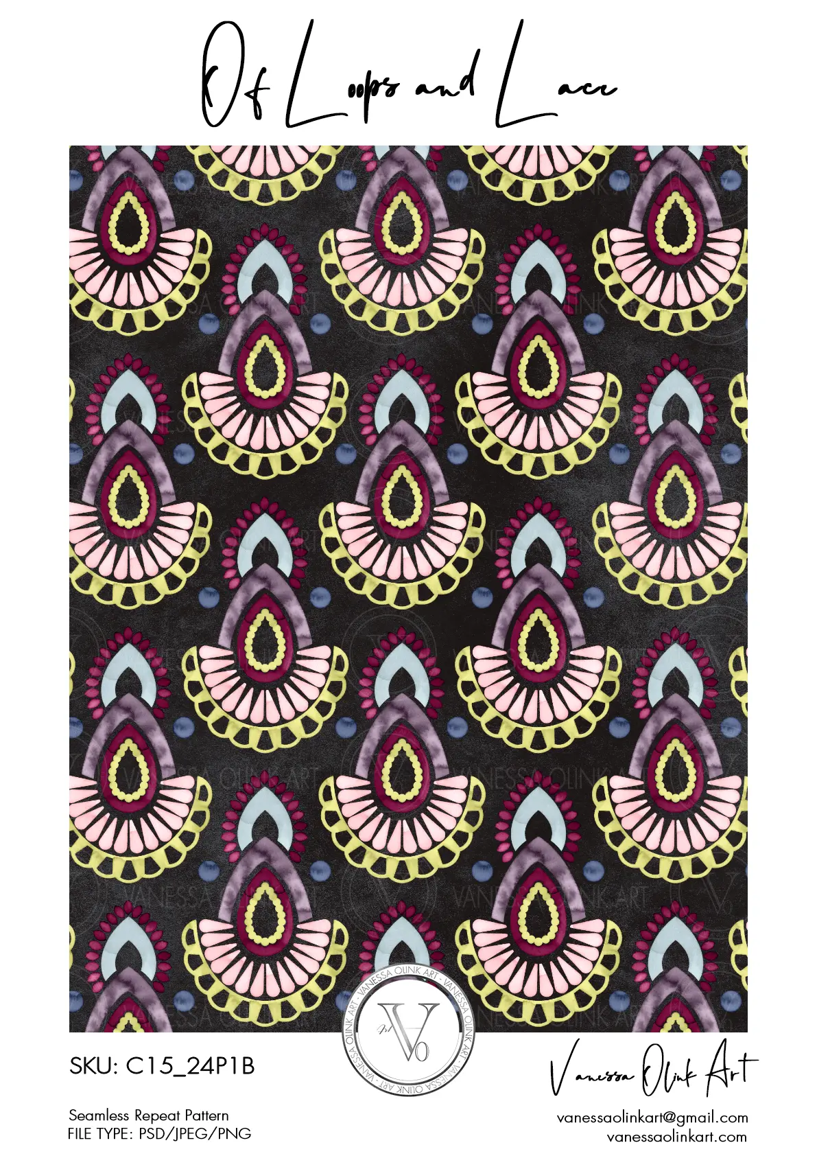 Un motif aquarelle composé de formes ornementales complexes avec des détails semblables à de la dentelle en rose, jaune, bleu et violet sur un fond noir.
