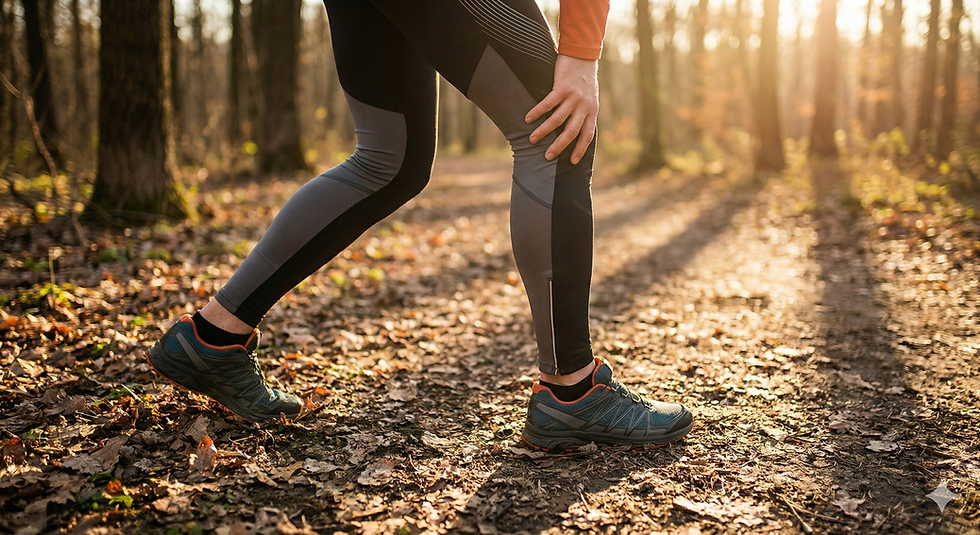 Female runner pausing in autumn forest holding knee due to ITB syndrome pain.