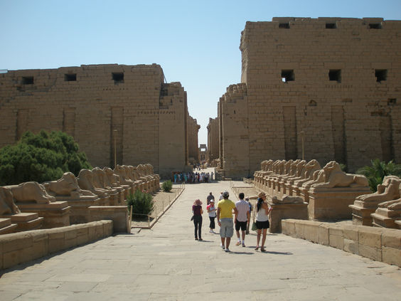 View of Karnak Temple along the central axis with ram sphinx on each side
