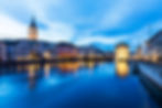 Panorama landscape along Limmat river in twilight sunset with background.Blue sky in the e