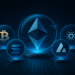 lustração digital de cinco criptomoedas — Ethereum, Solana, Cardano, Polkadot e Avalanche — representadas com efeitos de neon azul claro sobre um fundo tecnológico futurista.