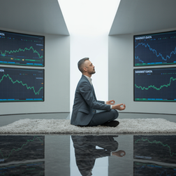 Trader em posição de meditação no centro de uma sala de operações com telas de mercado ao fundo, representando equilíbrio emocional durante o trading.