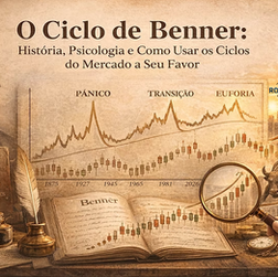 Ilustração do Ciclo de Benner com Samuel Benner, gráficos de mercado, fases de pânico, transição e euforia, representando os ciclos emocionais e históricos do mercado financeiro ao longo do tempo.
