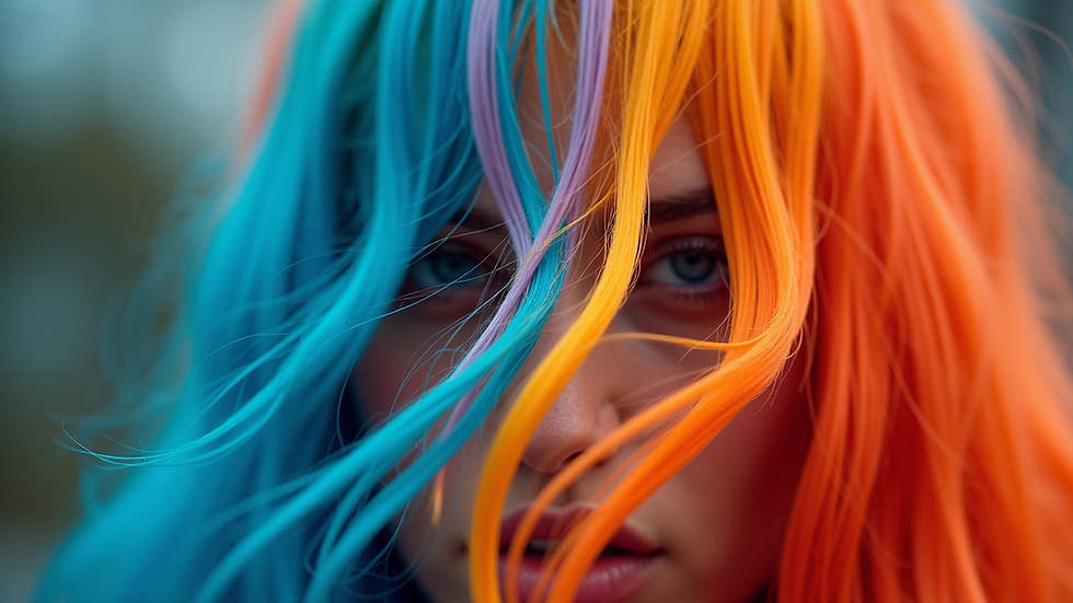 Close-up of colorful hair strands with bold color blocking