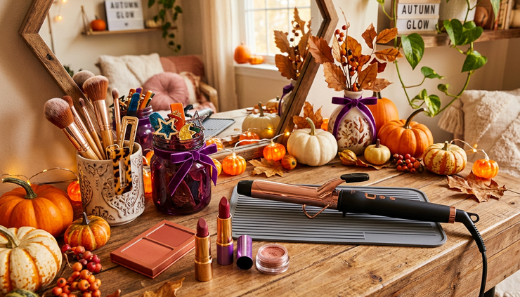 Wide-angle view of a cozy fall beauty setup with styled hair tools and Halloween accents.
