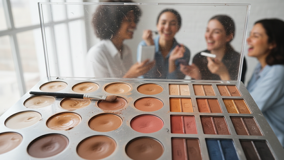 Eye-level view of makeup palette with various shades of foundation and eyeshadow