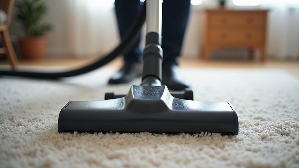 Close-up view of a vacuum cleaner cleaning a carpeted floor