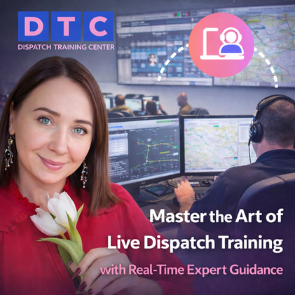 Professional freight dispatch instructor in red blouse holding a white flower, with dispatchers working at multiple computer monitors in a live training environment.